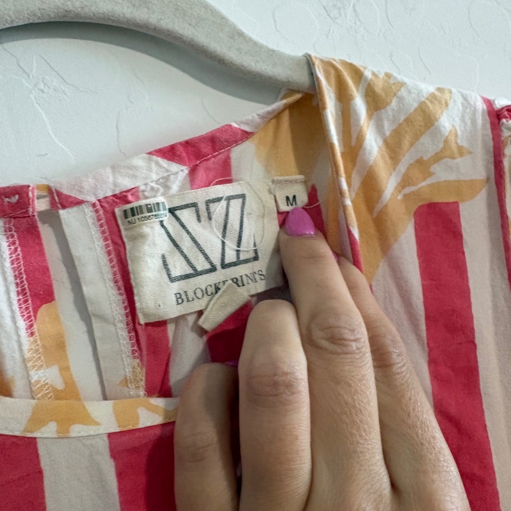 SZ Blockprints Gaia Tiered‎ Midi Dress Pink White Striped Floral Cotton Medium - Picture 6 of 9